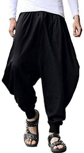 AITFINEISM Men's Drawstring Casual Hippie Harem Pants Loose Drop Crotch Trousers (XL,Black)
