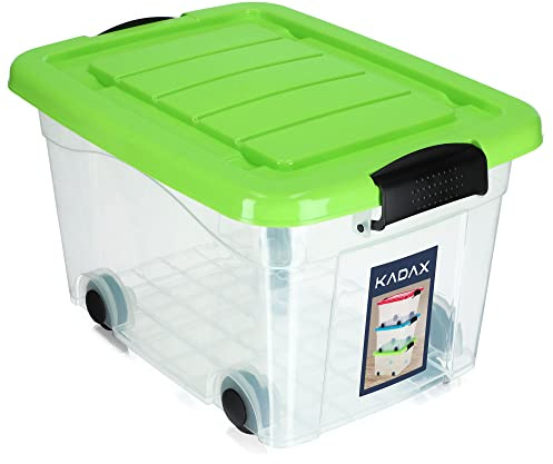 KADAX Kunststoffbehälter mit Rollen 40L, Grün Aufbewahrungsbox aus Kunststoff, Organizer mit Deckel, Clipbox für Spielzeug, Aufbewahrungsbehälter mit Klickverschluss