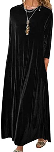 Minetom Femme Automne Hiver Casual Longue Robe Velours Elegant Couleur Unie Manches Longues Lâche Robe Soirée Fête Cocktail Maxi Robes A Noir XL