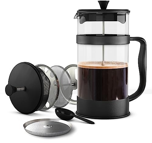 KICHLY Cafetera de prensa francesa - portátil con triple filtro - Vidrio resistente al calor con carcasa de acero inoxidable - Jarra grande para el hogar - 600ml / 20Oz - Negro