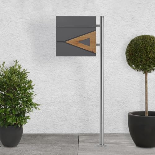 ECD Germany Buzón de Pie con Compartimento para Periódicos con Soporte Plateado 120 cm, Estilo Moderno, con Triángulo de Madera, de Acero Inoxidable Recubierto en Polvo, Buzón de Correos para Cartas