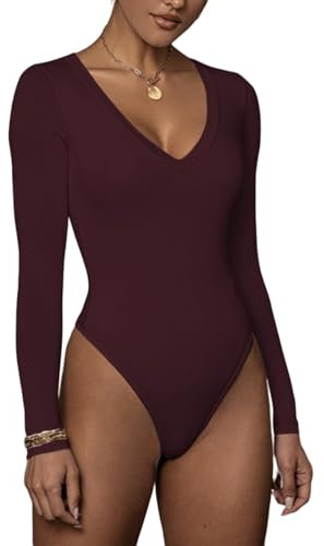 Rongseng Body Damen Langarm Elegant Bodysuit Tops Sexy V-ausschnitt Langarm Bodys Schmal Damenbody Unterziehbody Stringbody Stretch Langarmbody Long Sleeve Oberteil Langarmshirt für Frauen