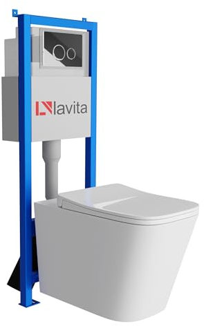 Lavita LAV 101 Bâti-support pour WC 40cm + WC suspendu à rinçage profond MAIO Blanc sans rebord + Plaque de commande LAV 200.4.2 Chromé + Ensemble complet de siège de WC avec système d’abaissement