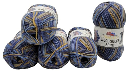 5 x 100 Gramm Himalaya Socks Print Sockenwolle mehrfarbig, 75% Merinowolle, 500 Gramm Wolle für Stricksocken und Strümpfe (flieder blau ocker s17-05)