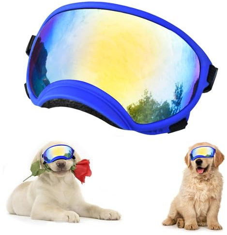Soft Samll Dog Sunglasses Dog Goggles for Large Breed UV/Wind/Dust Protection Winproof Dog Puppy Sunglasses Pet Glasses Eye Wear with Adjustable Strap (Bule Frame & Colored Lens/Large)