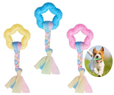 NIYATA 3 Pièces Chiot Jouet Petit Chien, Jouets à Mâcher pour Chiens,Jouets de Dentition pour Chiots,pour Santé Dentaire,Soulage l'Anxiété (Rose,Jaune,Bleu)