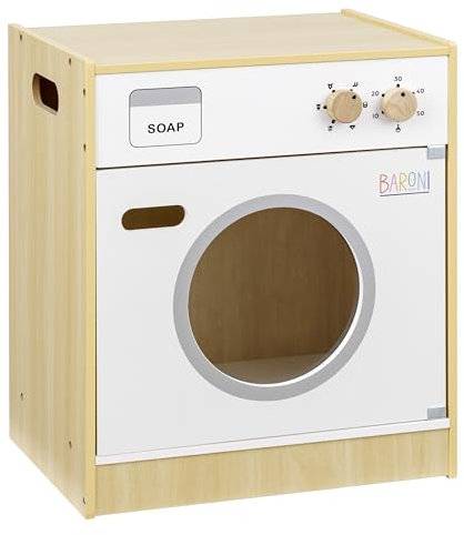 Baroni Toys Montessori-Waschmaschine aus Holz, Lernspielzeug für Kinder, realistisches Design mit funktionellen Knöpfen und durchsichtigem Bullauge, einfach zusammenzubauen und leicht, 29,5x40x47 cm