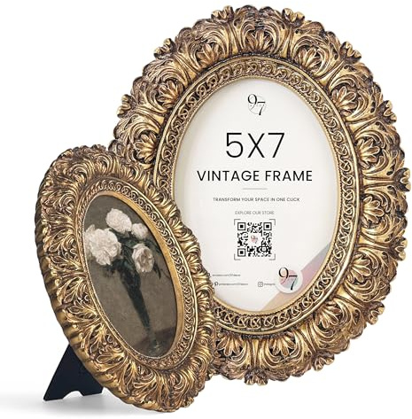 97 Decor 5x7 Oval Picture Frame - Vintage 5x7 Picture Frame Gold, Rustic 5x7in Gold Frame, Ornate Photo Frame 5 By 7 Picture Frames For Tabletop And Wall Hanging