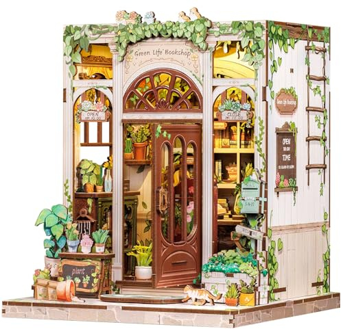 Fsolis Book Nook Kit, 3D-trähus, byggsats med LED-belysning, personlig hylla, för vuxna och unga, miniatyrhus i byggsats (Green Life Bookshop)