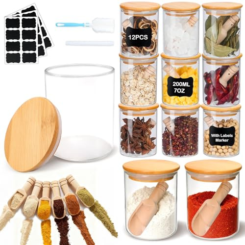 MOAMUN 12 PCS Glass Spice Jars with 12 Wooden Spoons, 200ML/7OZ Airtight Glass Jar with Bamboo Lids, Labels, Pen and Sponge Brush, Heatable Seasoning Jars Bottles for Spices Seasoning Tea Herbs Grains