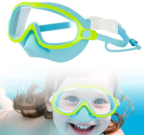 Taucherbrille Kinder, 2025 Neu Schwimmbrille Kinder mit Nasenabdeckung, Verstellbares Silikonband Schnorchelmaske 180°Panorama HD Anti Nebel Anti-Leck Swimming Goggles für 4-16 Jahre (Gelb)