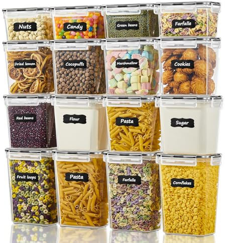 FOHERE Vorratsdosen mit Deckel Luftdicht Set of 16 (2L, 1.45L, 0.8L), Plastik Aufbewahrungsbox BPA-frei, Küchen Organizer Cornflakes Müsli Mehl Aufbewahrung, Vorratsbehälter mit Etiketten
