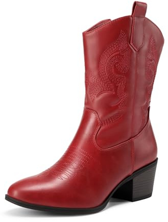 DREAM PAIRS cowboystövlar för kvinnor, cowgirlstövlar i mitten av vaden med broderi, rund tå, västerländsk tjocka lågklackade skor | 5,6 cm kubansk häl, intrikat broderi, TPR, 4 mm latex, året runt