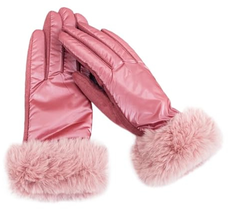 XUWEWI Läderhandskar för damer vinter varm mocka läderhandske kvinnlig fuskpäls plus sammet tjocka körhandskar, Rosa, en storlek