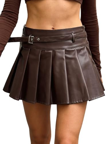 Aislor Donna Gonna Corta in Finta Pelle Gonna a Piegata con Pantaloncini di Sicurezza e Cintura Minigonna Y2K Mini Skirt Abito Discoteca Clubwear Marrone M
