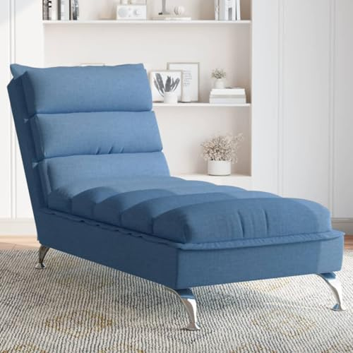 toolkix Chaiselong med kudde blått tyg, 133,5 x 56 x 74 cm, förkromade metallben, plywoodribbor, relaxstol vardagsrum, recamiere schäslong, soffa, sovfåtölj