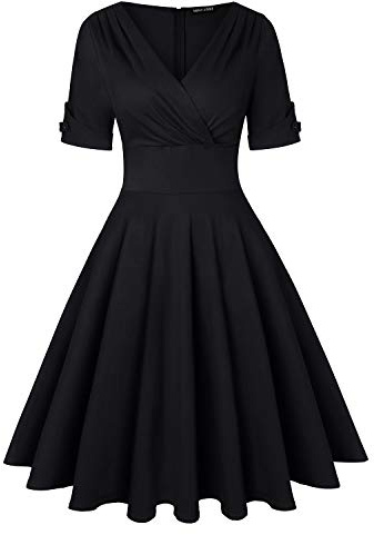 Women's Retro Cross V Neck Vintage Style Cocktail Party Swing Dress (Black,Size XL)