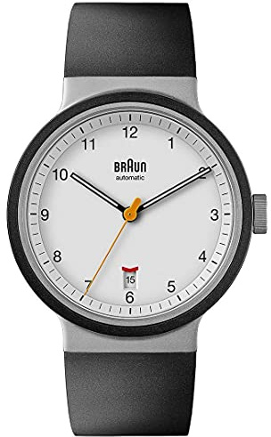 Braun Automatic 3-Hand 40mm Mens Watch with Date Analogue Watch, Rubber Strap, 40mm Stainless Steel Case with White Dial, Model BN0278WHBKG.