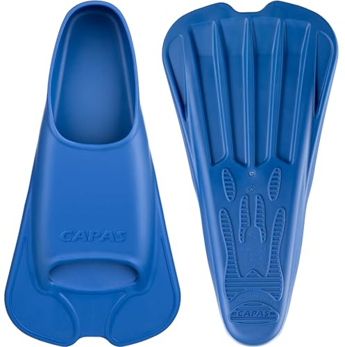 CAPAS Swim Training Fins Comfortable Silicone Swimming Floating Flippers with Mesh Bag for Kids Adult Men Women Short Blade Build Leg Strength (Blue, S (Adults UK Size 4.5-6))