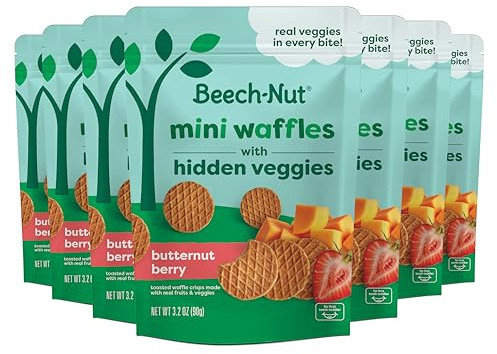 Beech-Nut Toddler Snacks, Mini Waffles with Hidden Veggies, Butternut Berry, Non-GMO, 3.2 oz Bag (7 Pack)