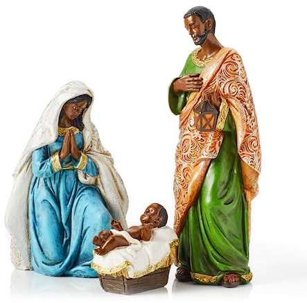 TWIFE Black Nativity Set - Miniature Tabletop Holy Family Christmas Figurines - Set of 3 Hand Painted Polyresin Figurines - Mary, Joseph, and Baby Jesus in Manger