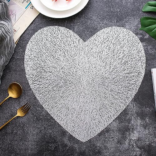 Hosoncovy 4 Pack Heart Placemats Table Mats Set Washable PVC Non-Slip Heat Resistant Table Place Mats Dinner Mats Meal Mat for Kitchen and Dining Room for Wedding (Silver)