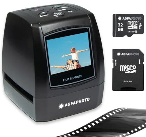 AgfaPhoto Pack escáner Digital Realiview AFS100 + 1 Tarjeta SD de 32 GB - Escáner de películas, Negativo de 35 mm/135 y Diapositivas (10 MP, Pantalla LCD de 2,4 Pulgadas), Color Negro