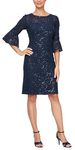 Alex Evenings Women's Short Shift Cocktail Gown with Bell Sleeves, Formal Events, Wedding Guest Dress, Navy Corded Lace, 10P