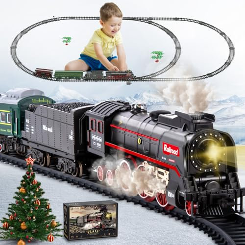 Joellfuner Elektrische Zug Spielzeug, Eisenbahn Kinder Elektrisch, Dampfzug Spielzeug mit Schienen, Dampf, Licht & Geräuschen, Weihnachtszug um den Baum Geschenk für Kinder (Zug)
