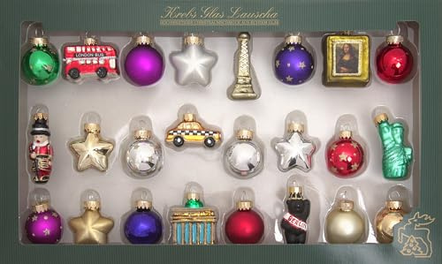 Kräfta glas Lauscha – juldekoration/julgransdekoration av glas – 24 dagar runt världen figursortiment – kvantitet: 24 stycken – storlek: ca 3 cm