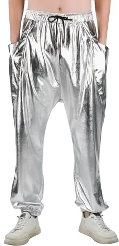GENEMEN Mens Metallic Pants Elastic Bottoms Trousers Shiny 70s Disco Outfits Festival Party Fancy Dress Costume (Silver, XXL)