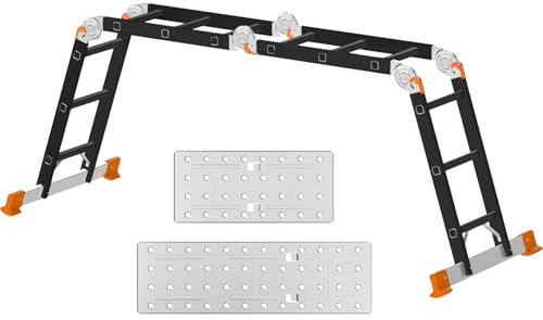 AMHANCIBLE Escalera Multiusos, Escalera Aluminio, 4 x 3 Peldaños, Plegable, para Pintar, Techos, Jardín, hasta 150 kg, 3,4m, Diseño 6 en, Certificado TÜV/GS, Naranja EBAL01RN