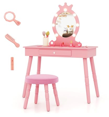 COSTWAY Set Toeletta Trucco per Bambina con Sgabello, Specchiera Trucco Staccabile con Luci LED a 3 Colori, Postazione Trucco Giocattolo con Cassetto e Accessori, per Bambine di 3-7 Anni (Rosa)