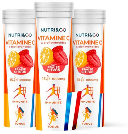 NUTRI & CO Vitamine C 1000mg & Bioflavonoïdes - 45 jours - 100% Pure & Clean - Goût Citron-Fraise - Lot de 3x 15 comprimés effervescents Vegan