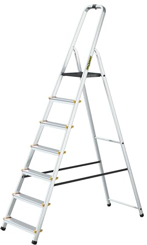 Drabest – PRO hushållsstege – 7 steg – Arbetshöjd 3,40 m – Hopfällbar Stege i Aluminium, max. 150 kg, med Praktisk Krok – Aluminiumstege med Plattform 25 x 26 cm, Halkfria Fötter