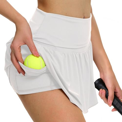 Eisnnu Gonna Corta da Tennis da Donna Elastico in Vita, Gonna Corta con Pantaloni, Gonna Estiva da Skater Sportiva (IT, Testo, M, Regular, Regular, Bianco)