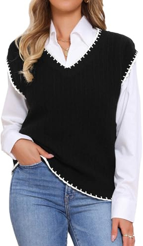 Allegra K - Pulls sans manches pour femmes - Col en V - Uniforme scolaire - Couleur contrastée - Tricot, Noir , XL