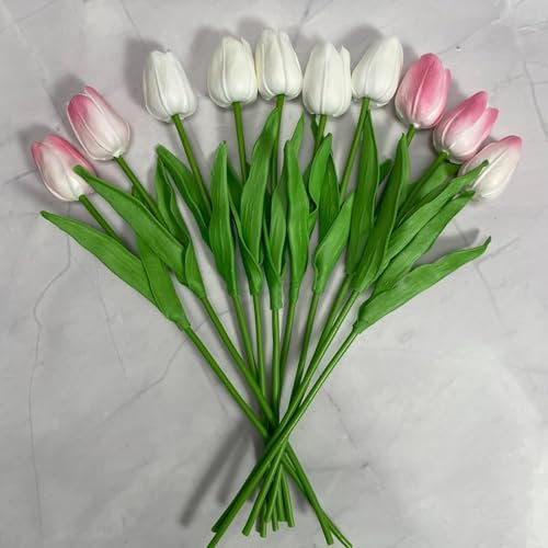 Tulipani artificiali, tulipani artificiali, tulipani artificiali, 32 cm, bouquet di fiori in seta per la decorazione della casa e matrimoni (5 pezzi bianchi e 5 rosa pallido, struttura a griglia su