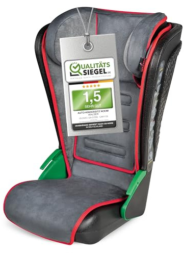 WALSER Auto Kindersitz Noemi, extra schmaler Reisekindersitz (3-8 Jahre) 100-135 cm, klappbare Sitzerhöhung Auto Kinder, ECE R129 Sitzerhöhung waschbar, Autositz Größe 57x46x22 cm Schwarz/Rot