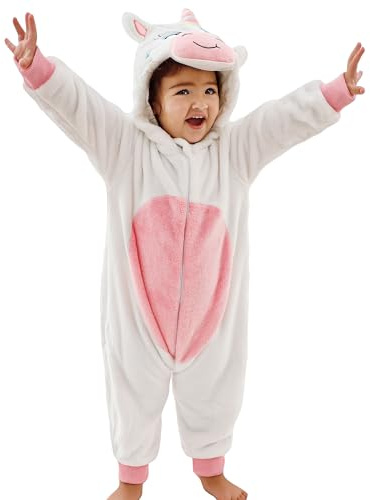 KAKU NANU Unisex Baby sparkdräkt med dragkedja och huva flanell jumpsuit för höst och vinter, Vit/rosa, 3-4 år