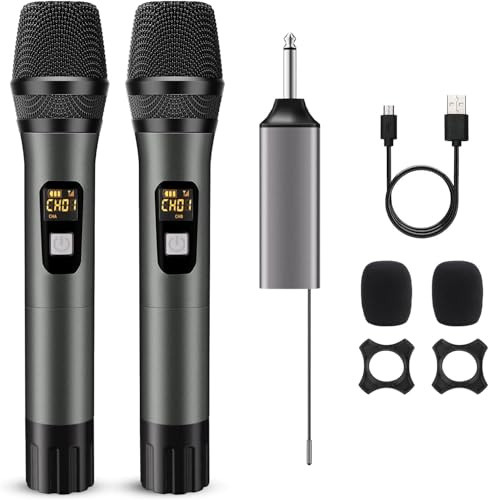 DigitConvert Microphone sans Fil UHF Dual Metal Dynamic System avec récepteur Rechargeable, portée de réception de 200 Pieds pour système de sonorisation, DJ, Chant, conférence, église, fête, Mariage