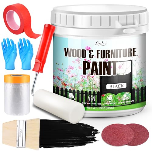 Wood Furniture Paint - 500g Black Wood Paint for Furniture, Cabinet, Door, Dining Table and Chairs, Water-Based Matte Finish, Non-Toxic＆Low Odor, Fast Drying, Interior/Exterior Maintain with Tools
