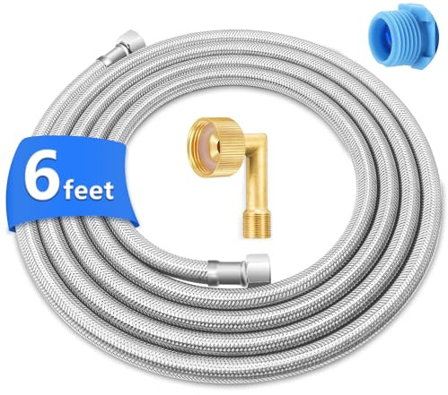 6FT Dishwasher Water Supply Line with 90° Brass Elbow, Stainless Steel Braided and Food-Grade PEX Inner Hose, 3/8 Comp x 3/8 Comp Connections, Includes 3/8 x 3/4 FHT Elbow