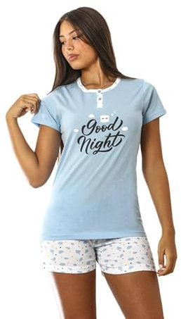 NARCISO Pigiama Donna Cotone Leggero Corto, Pigiama Donna Estivo con Desing Unici per Estate e Mezza Stagione, Taglie dalla S alla XL (M - Cloud Azzurro)