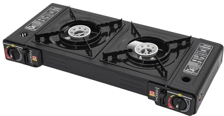Propangaskokare 2 brännare campinggasspis utomhusspis 63 x 26 x 12 cm | 2 500 W per spis, piezo-tändning, separat regulator, övertrycksskydd, butan/LPG, bärväska