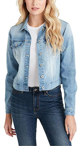 Jessica Simpson Mujer Manga Larga Chamarra de mezclilla - Azul - 1X