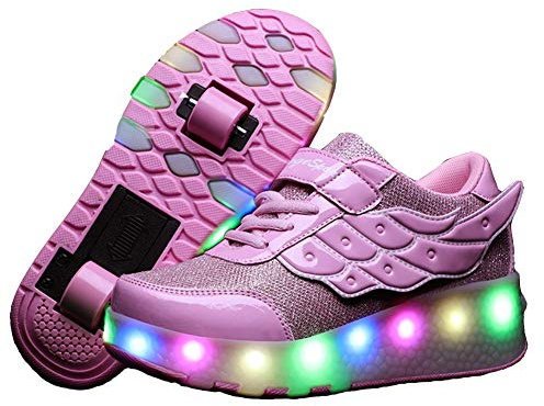 Unisex Kids LED USB Rechargeable Single Double Wheels Trainer Roller Skates Shoes Retractable Lightweight Outdoor Sports Cross Trainers Gymnastic Running Sneakers for Boys Girls