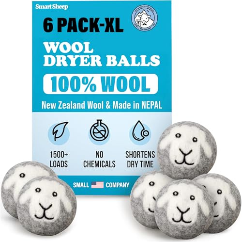 Wool Dryer Balls - Smart Sheep 6-Pack - XL Premium Natural Fabric Softener Award-Winning - Wool Balls Replaces Dryer Sheets - Wool Balls for Dryer - Laundry Balls for Dryer