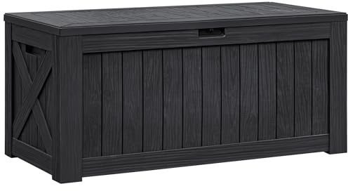 Flamaker Resin Deck Box 120 Gallon Waterproof Large Outdoor Indoor Storage Box Imitation Wood Resin for Patio Furniture Garden Tools and Pool (Black)