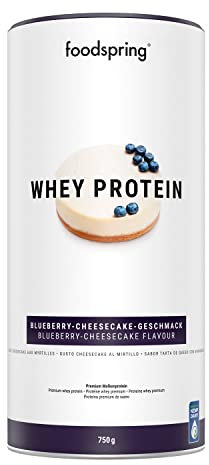 foodspring - Whey Protein Pulver Blueberry Cheesecake – Mit 23g Eiweiß zum Muskelaufbau, perfekte Löslichkeit, ultrafiltriert, reich an BCAAs & EAAs – vollmundiger & leckerer Geschmack (750g)